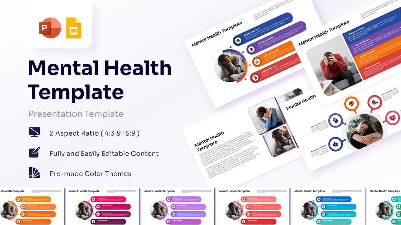 Mental health presentation template featured image showing a collage of wellness slides with circular infographics and empathetic imagery