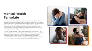 Mental health photo gallery slide with four distinct images of people experiencing stress and isolation in a grid layout