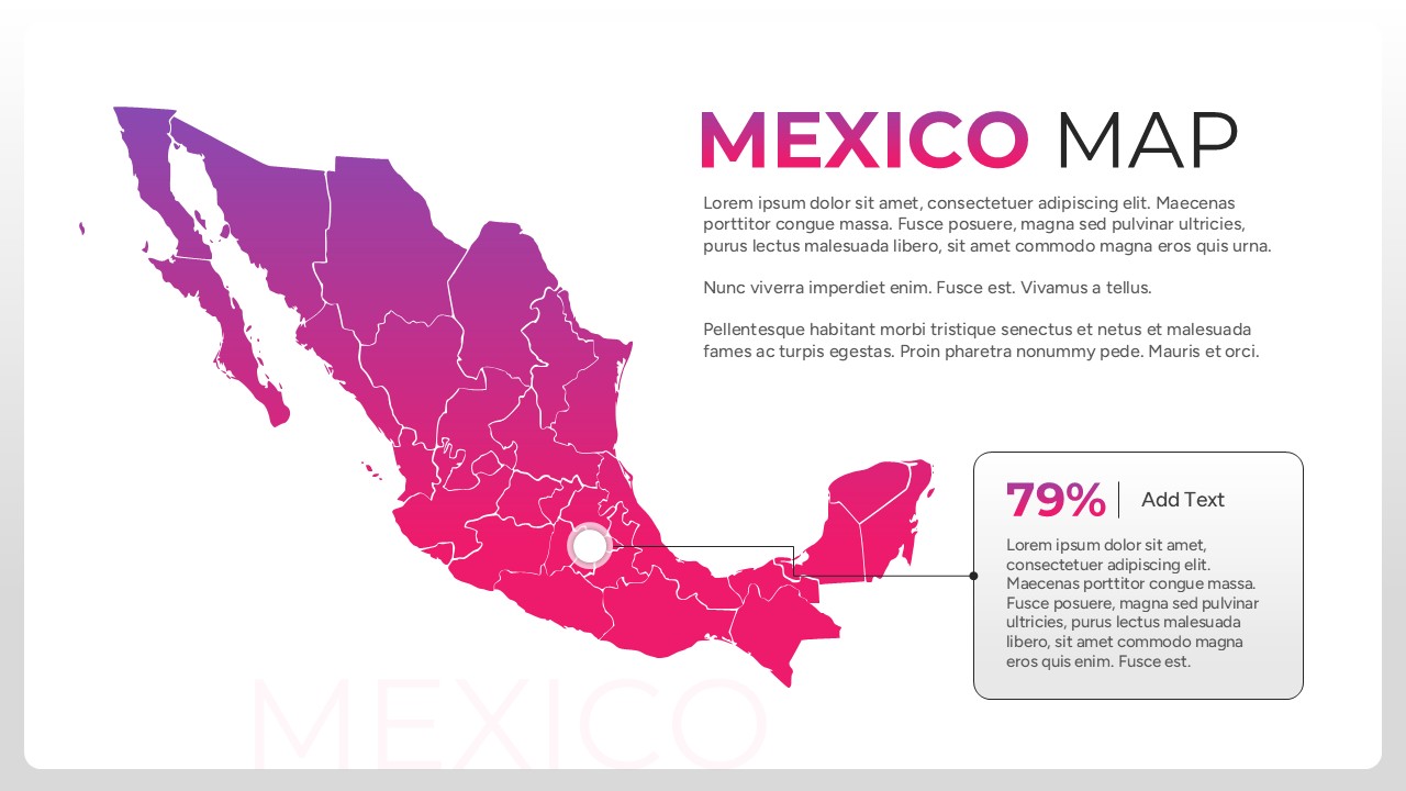 A vibrant pink-to-purple gradient Map of Mexico slide with a 79% data callout box and descriptive text area