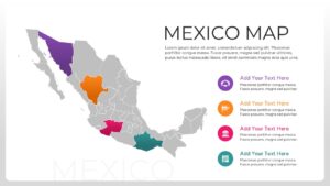 A Mexico map infographic with four distinct states highlighted in purple, orange, pink, and teal, accompanied by matching colored icons
