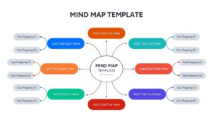 A circular brainstorming layout with eight colorful round nodes and outward-pointing arrows on a clean white background