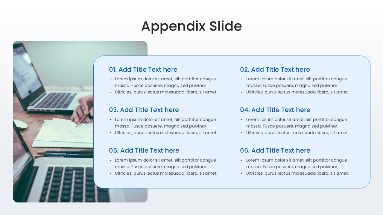 Professional layout featuring a large circular image frame next to five colorful horizontal text banners.