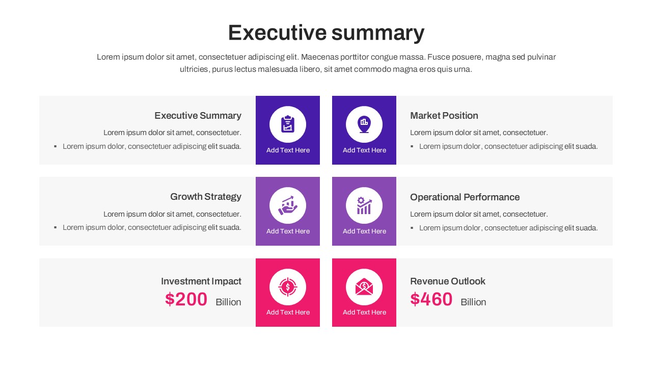 Business overview slide featuring progress rings for operational efficiency and a four-step assessment timeline.