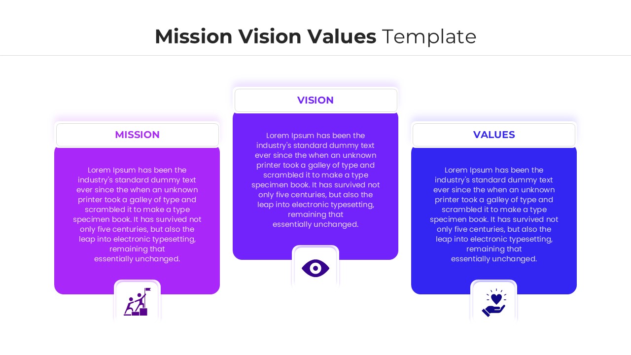 Three horizontal rectangular cards with mission vision and values headings and icons.