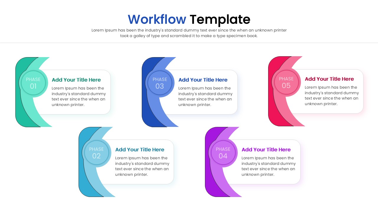Modern card-style workflow layout with five distinct colorful sections and rounded geometric phase markers