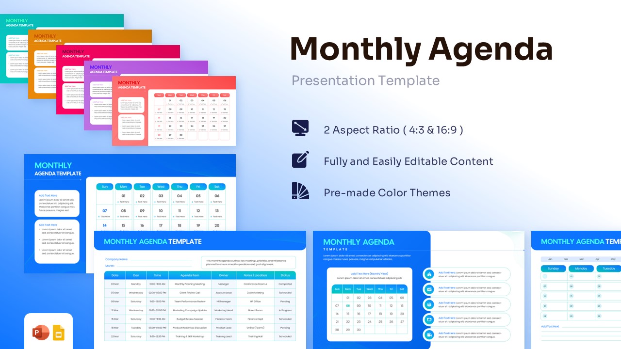 Monthly agenda template for PowerPoint featuring a clean blue and white table for tracking dates, owners, and task status