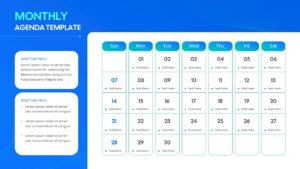 Close-up of a monthly planner slide highlighting editable text boxes and professional vector icons