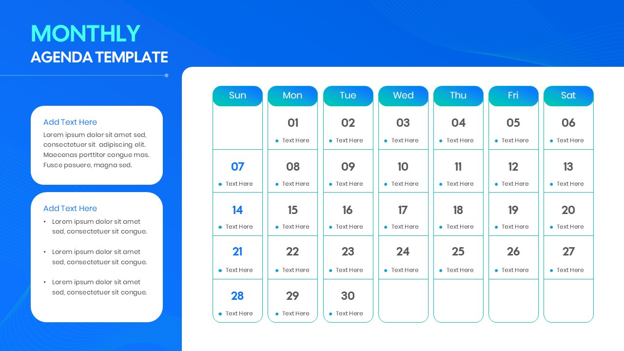 Close-up of a monthly planner slide highlighting editable text boxes and professional vector icons