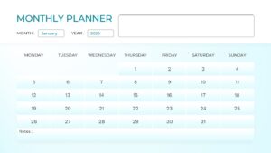 Blue January 2026 monthly planner slide with a clean grid layout and side-aligned month title