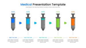 Five grey syringe icons with varying color levels representing percentage data in a linear flow