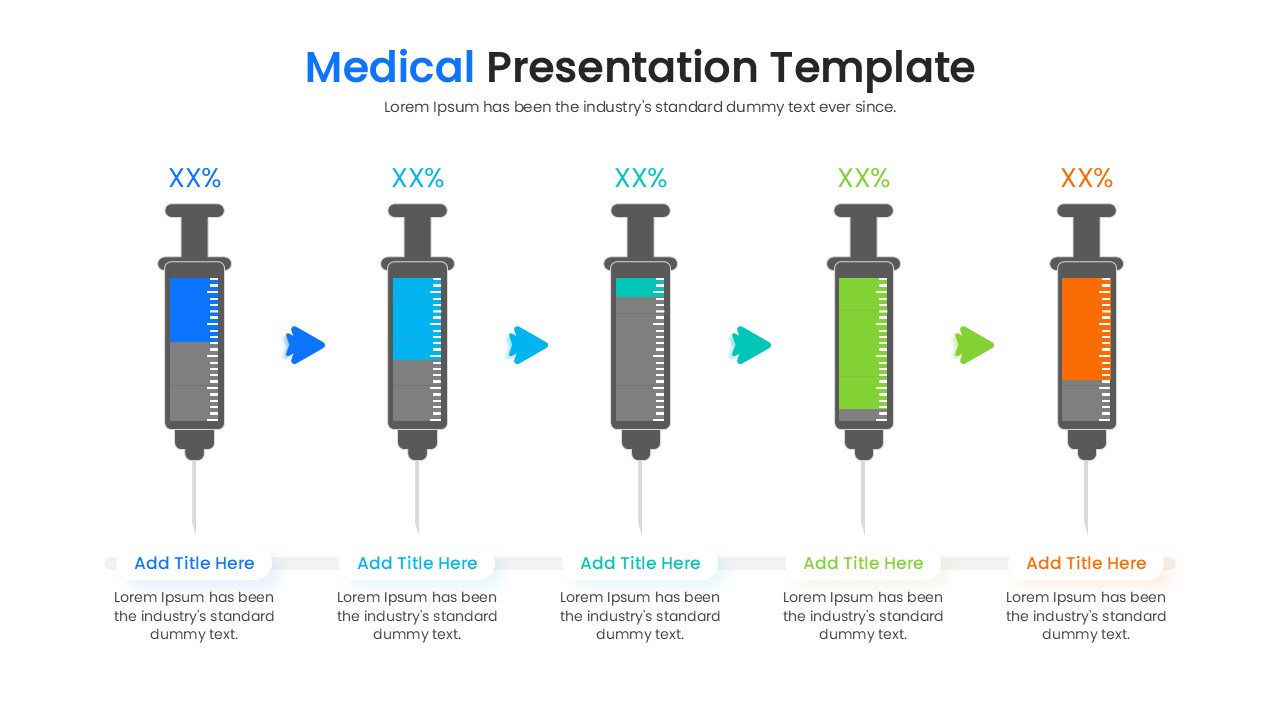Five grey syringe icons with varying color levels representing percentage data in a linear flow
