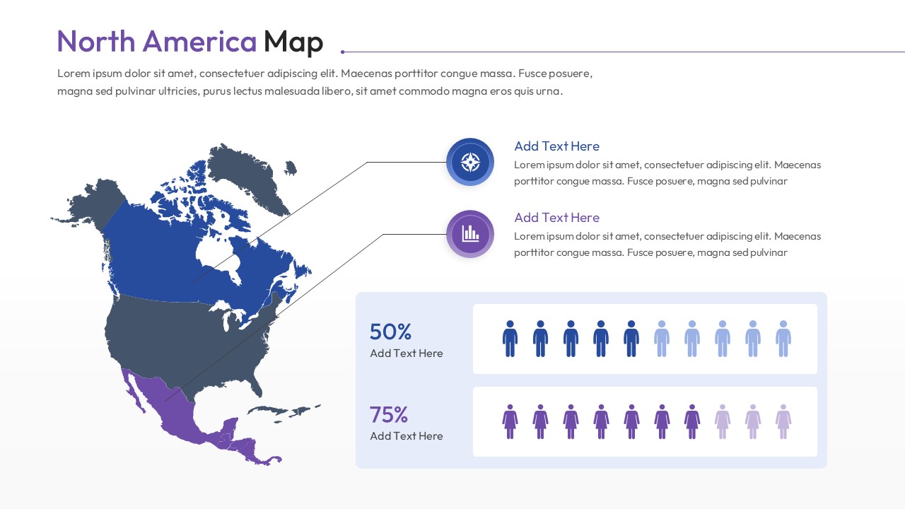 A geographic infographic slide featuring male and female icons for population data visualization.