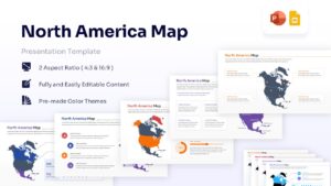 Featured image showing a collection of North America map presentation slides with data charts and icons