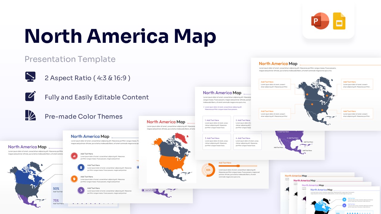 Featured image showing a collection of North America map presentation slides with data charts and icons