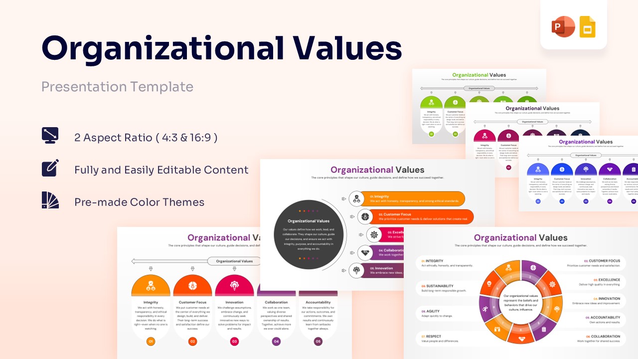 Featured image showing a collection of organizational values slides with colorful semi-circle and circular infographic layouts