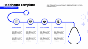 Healthcare infographic template showing a stethoscope-shaped timeline and professional medical layouts.