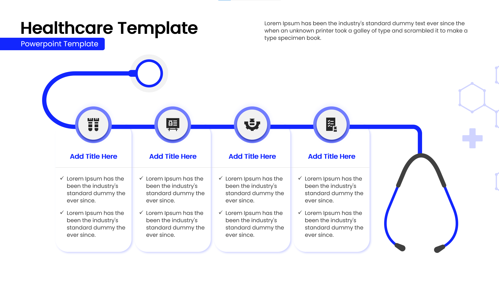 Healthcare infographic template showing a stethoscope-shaped timeline and professional medical layouts.
