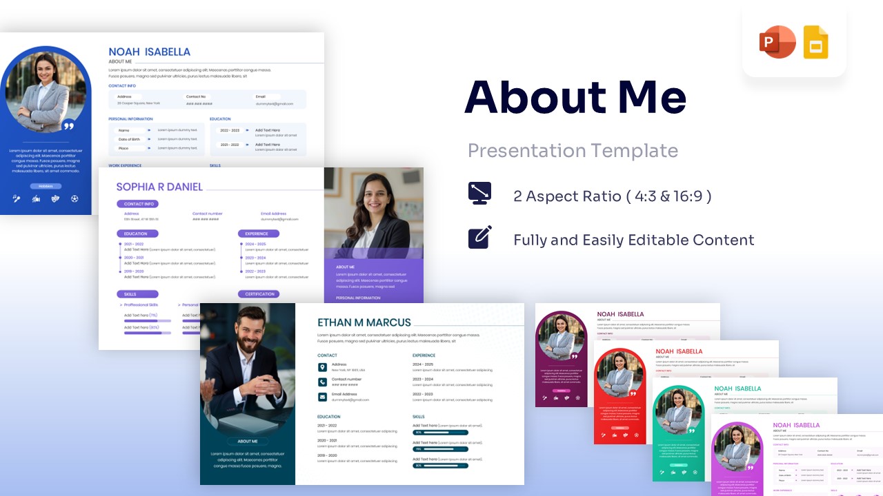 Professional blue About Me slide featuring a circular photo placeholder, contact details, and career experience timeline
