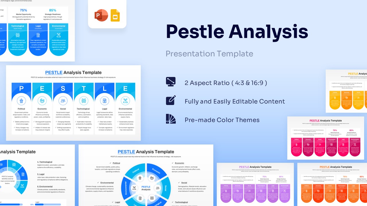 PESTLE Analysis Template featured image showing multiple slide layouts including circular diagrams and vertical pillars in blue and multi-color themes
