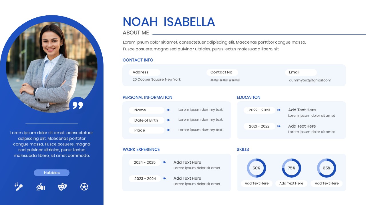 Clean white background slide for personal introductions with colorful icons and organized text sections