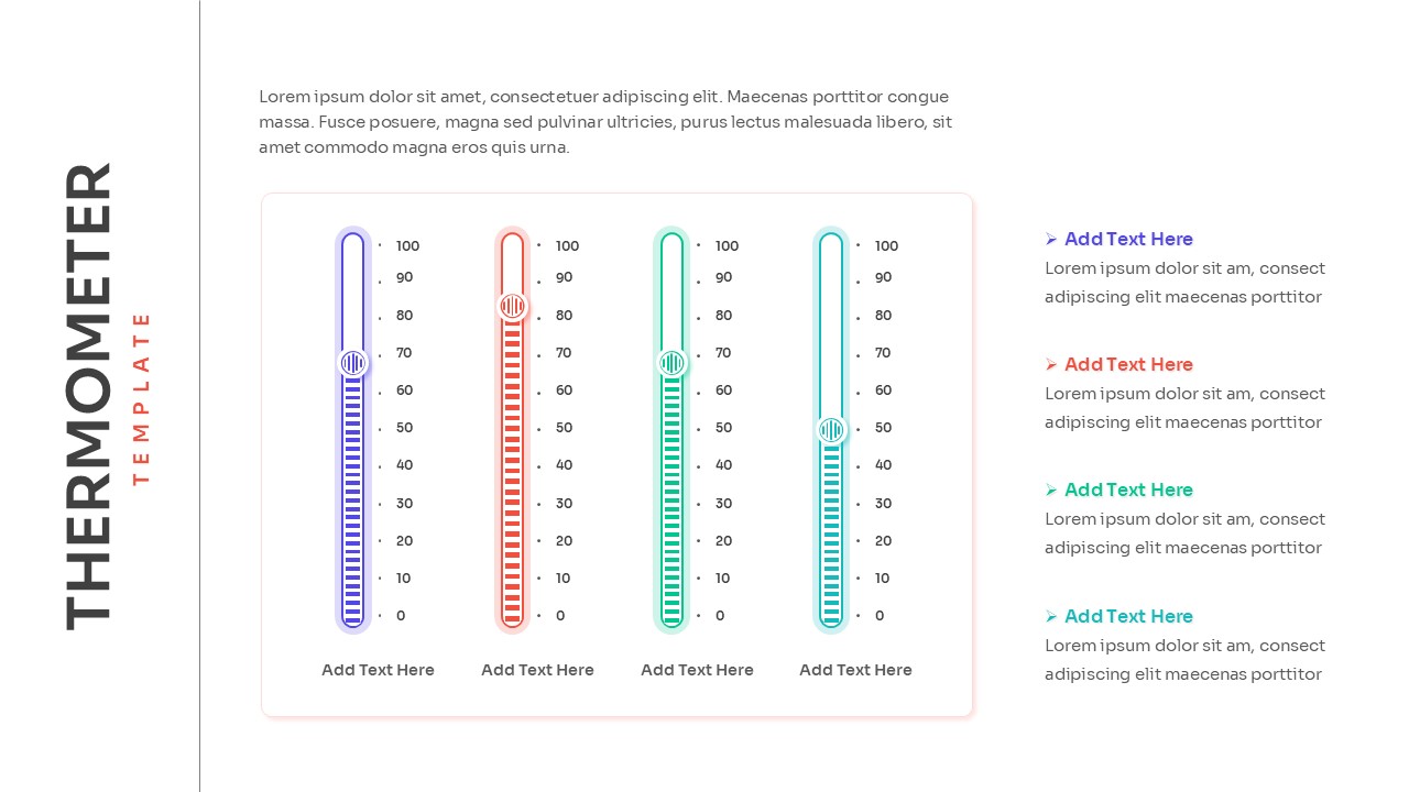 Four slim, multi-colored thermometer scales for comparing different categories or performance levels