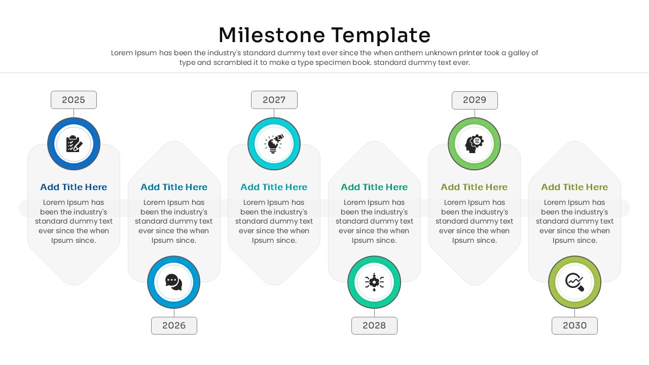 Horizontal project milestone template with circular icons connecting yearly goals