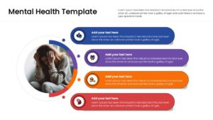 Mental health circular infographic slide with a woman in a grey sweater and four colored text banners for psychological steps.