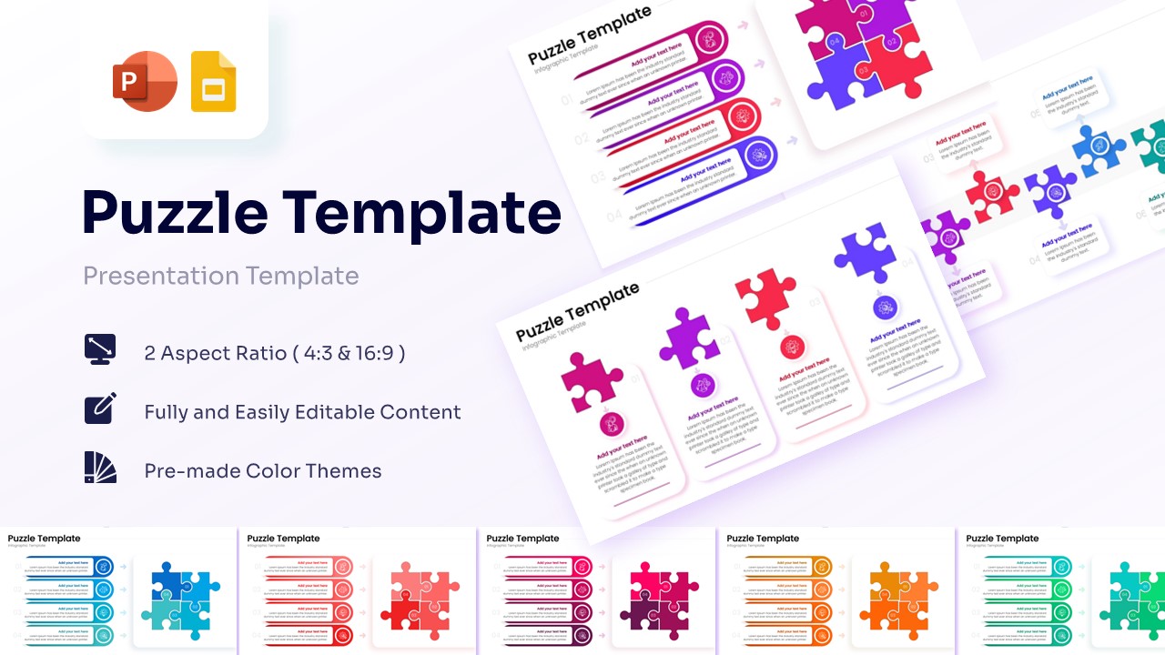 A featured image showing multiple puzzle infographic layouts with 4-piece squares and 6-step linear flows in vibrant colors