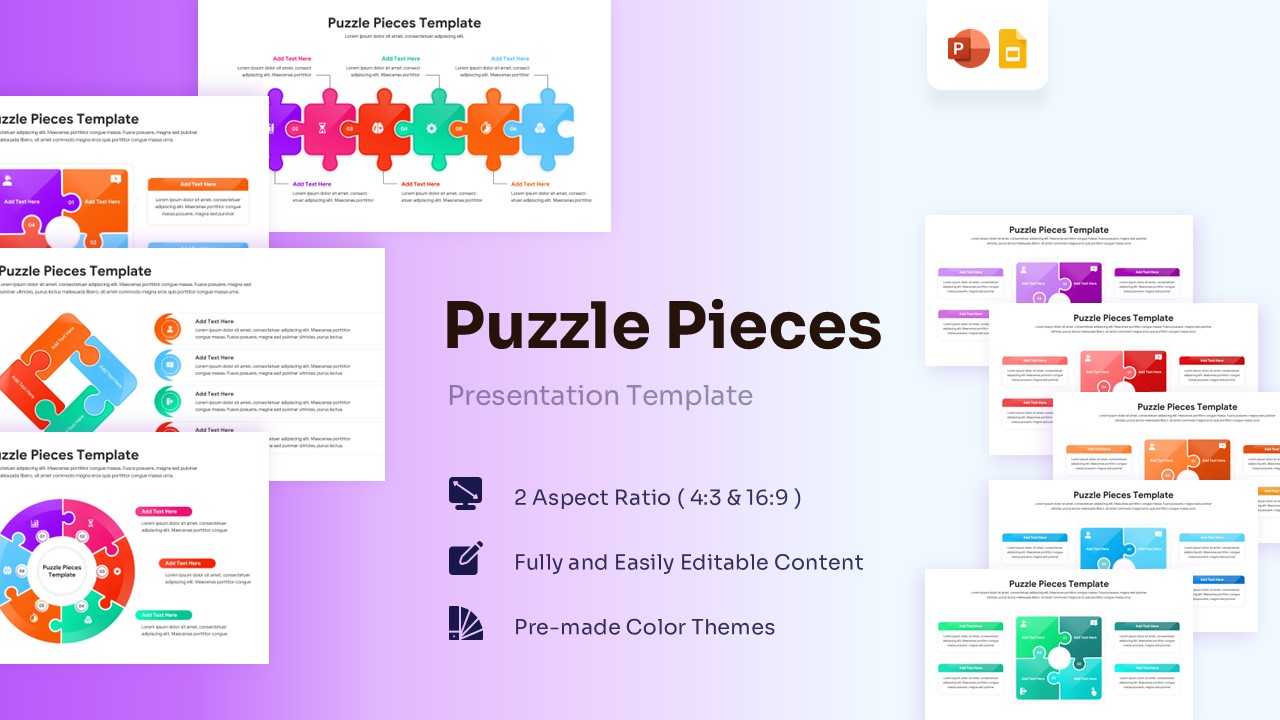 Main featured image showcasing a variety of colorful puzzle piece infographic slides for business presentations