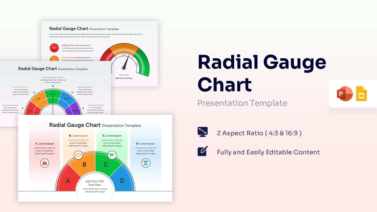 Featured image showing three different radial gauge chart slides with multi-colored segments and needle indicators