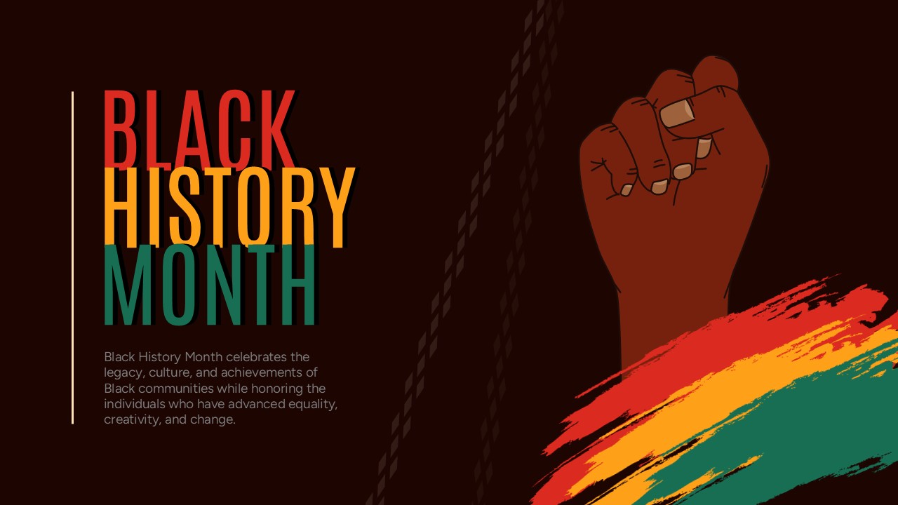 Presentation slide with a dark background featuring a raised fist and 