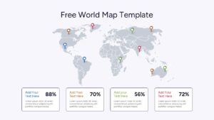A clean grey world map presentation slide with six bright navigation buttons at the bottom for filtering regional data and company locations