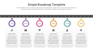 Linear project roadmap slide with circular milestone markers and text placeholders.
