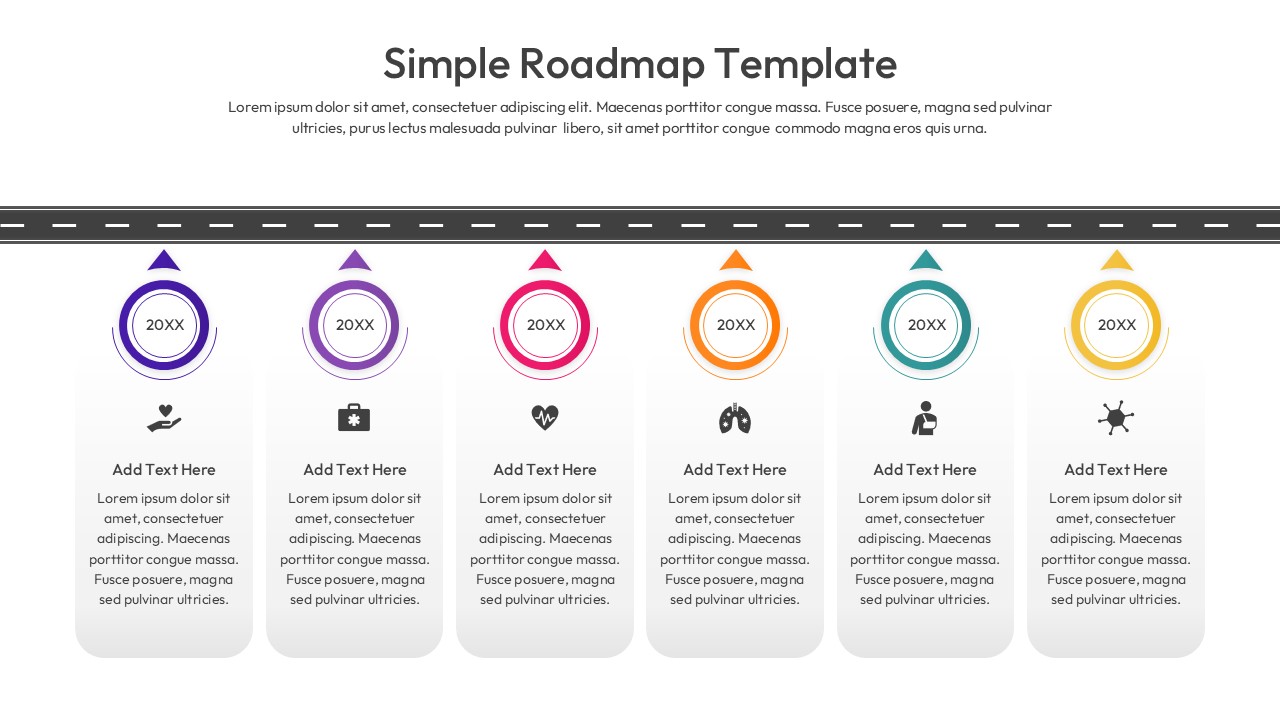 Linear project roadmap slide with circular milestone markers and text placeholders.