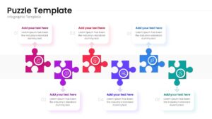A 6-step horizontal puzzle flow diagram with colorful pieces and text boxes above and below each step