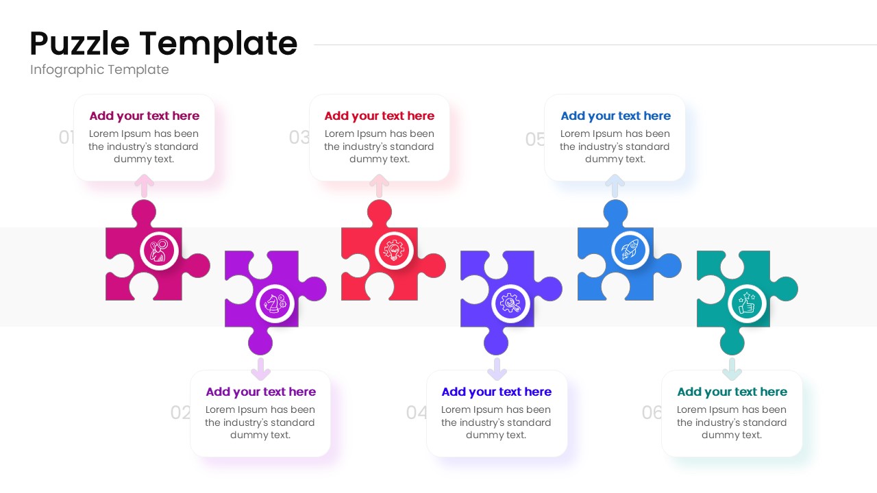 A 6-step horizontal puzzle flow diagram with colorful pieces and text boxes above and below each step