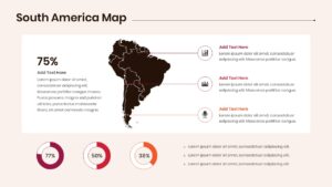 Editable South America map slide with three vertical text blocks and a dark brown continental silhouette.