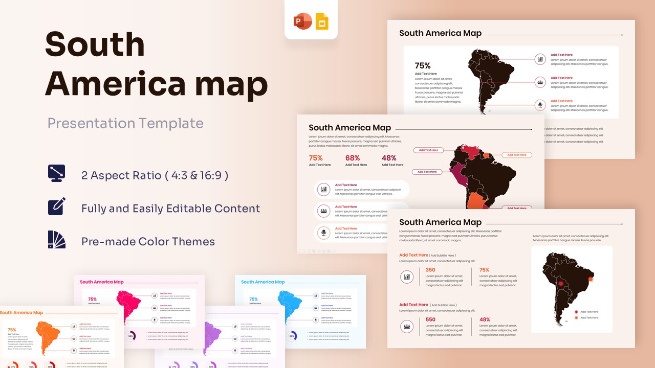 South America map presentation template featuring multiple slide layouts with percentage data and country highlights