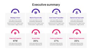 Market share and customer retention infographic slide with pink and purple circular data visualizations
