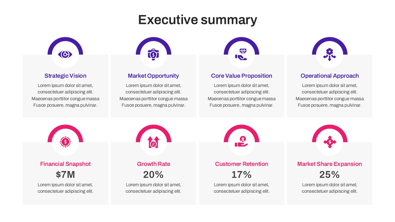 Market share and customer retention infographic slide with pink and purple circular data visualizations