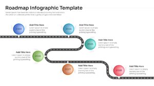 Curved path timeline infographic with year labels from 2023 to 2028 on a soft pink background