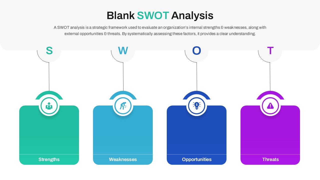 Marketing department SWOT analysis slide with colorful cards and descriptive text placeholders for business reviews