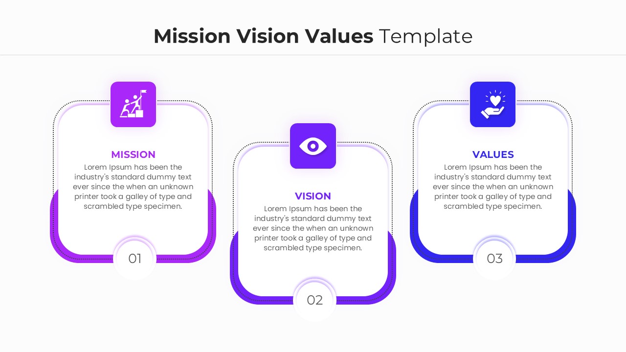 Minimalist horizontal layout with numbered points for mission vision and values presentation.