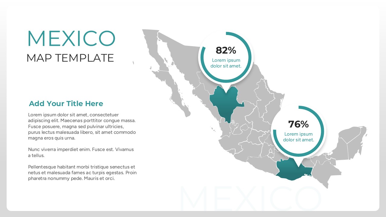 A vibrant pink-to-purple gradient Map of Mexico slide with a 79% data callout box and descriptive text area.