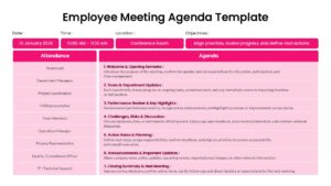 Pink employee meeting agenda layout with numbered points for team updates and performance reviews
