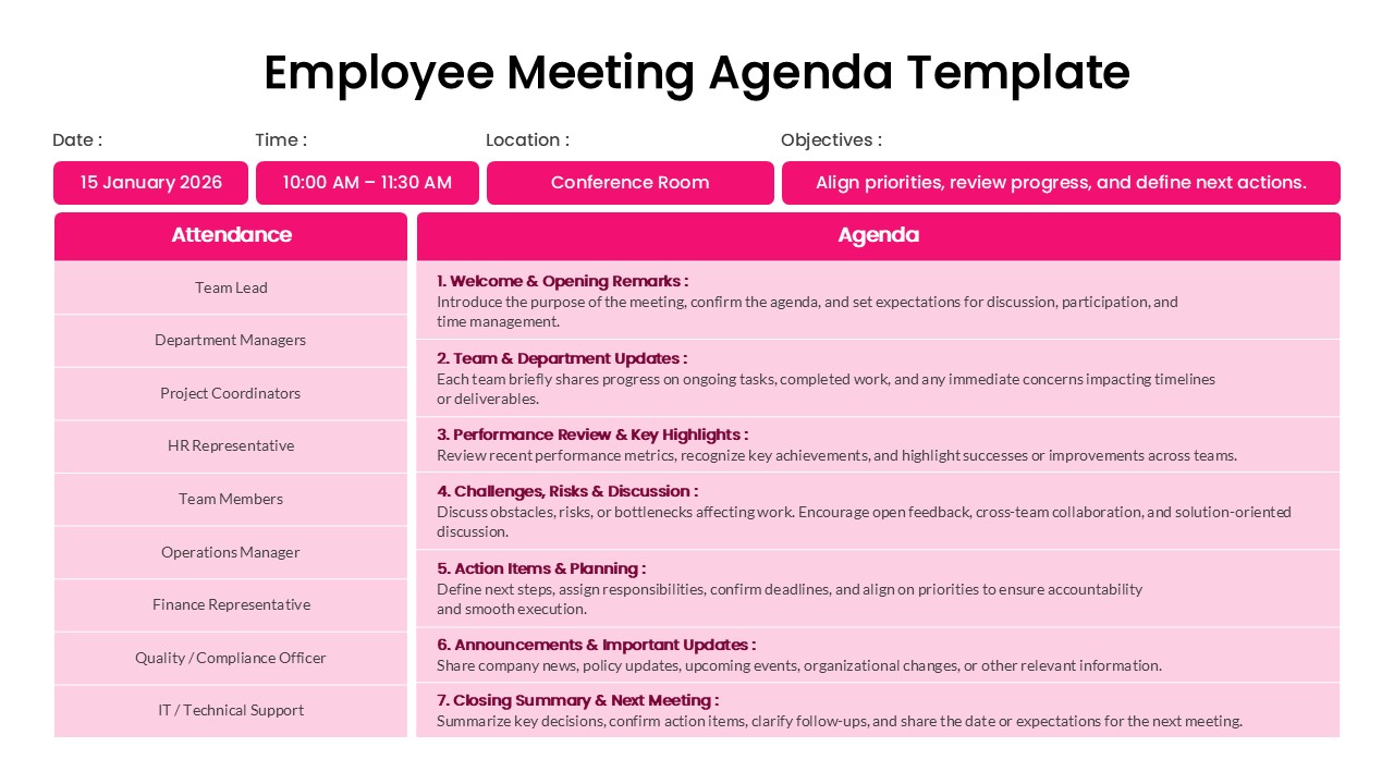 Pink employee meeting agenda layout with numbered points for team updates and performance reviews