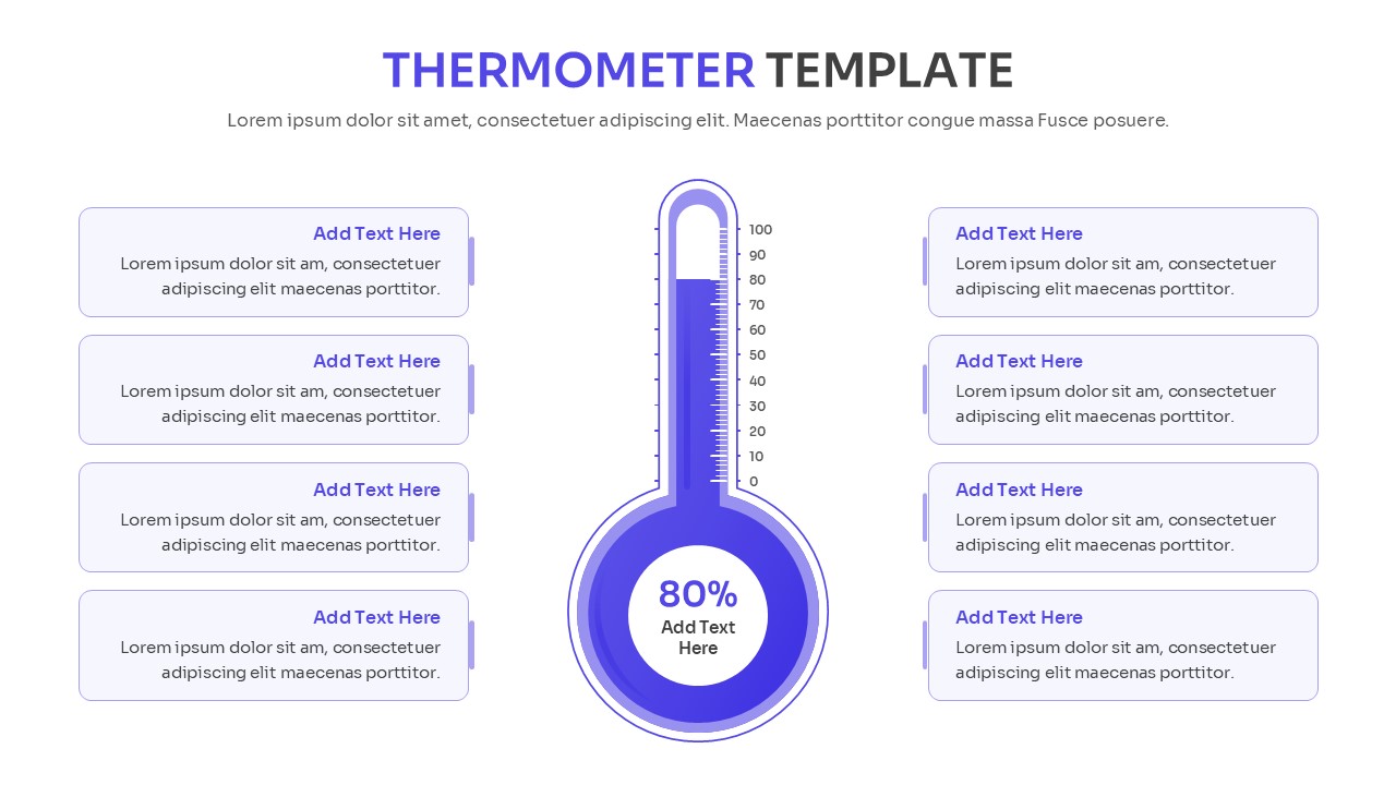 A large purple thermometer infographic with 80 percent goal achievement and side-by-side text placeholders