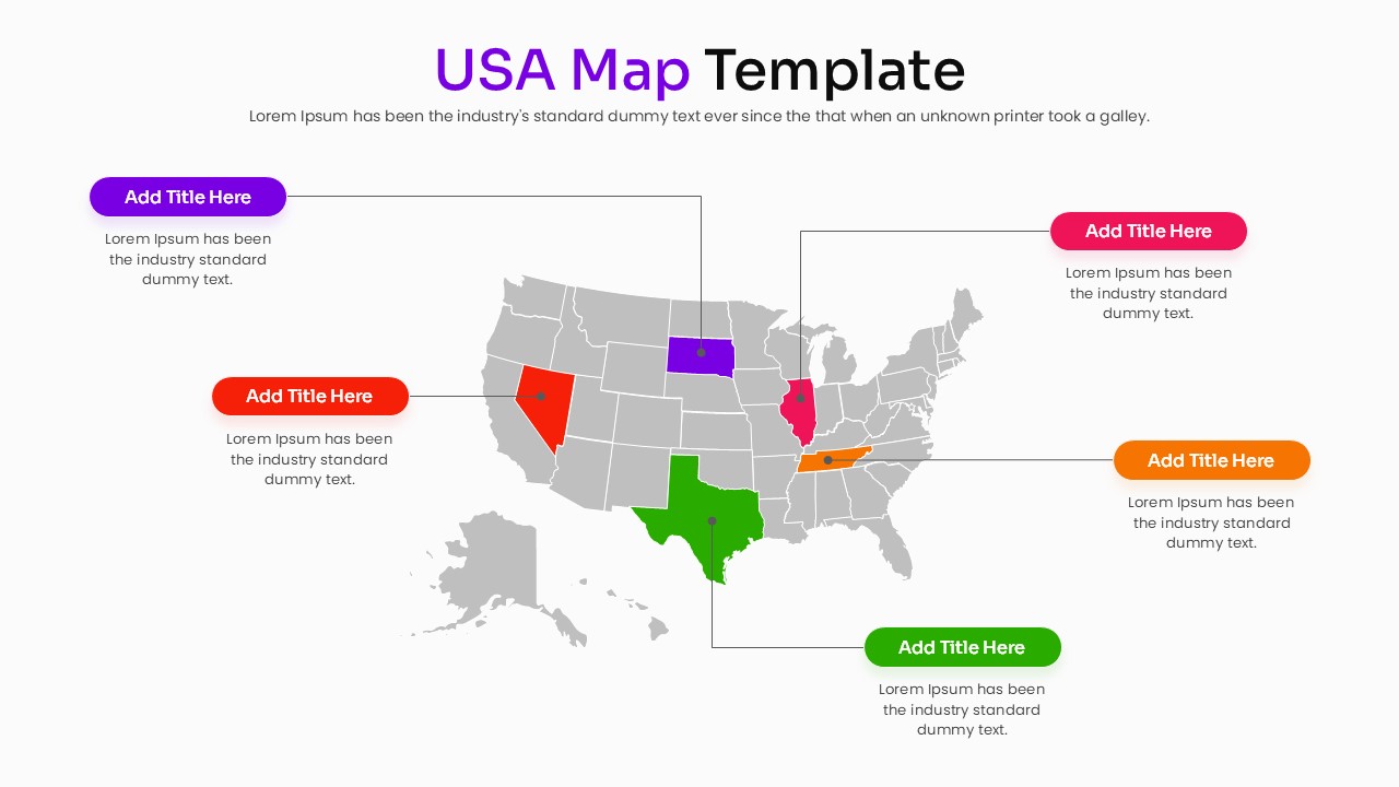 Customizable US map infographic with multiple states color-coded in red, blue, green, and purple