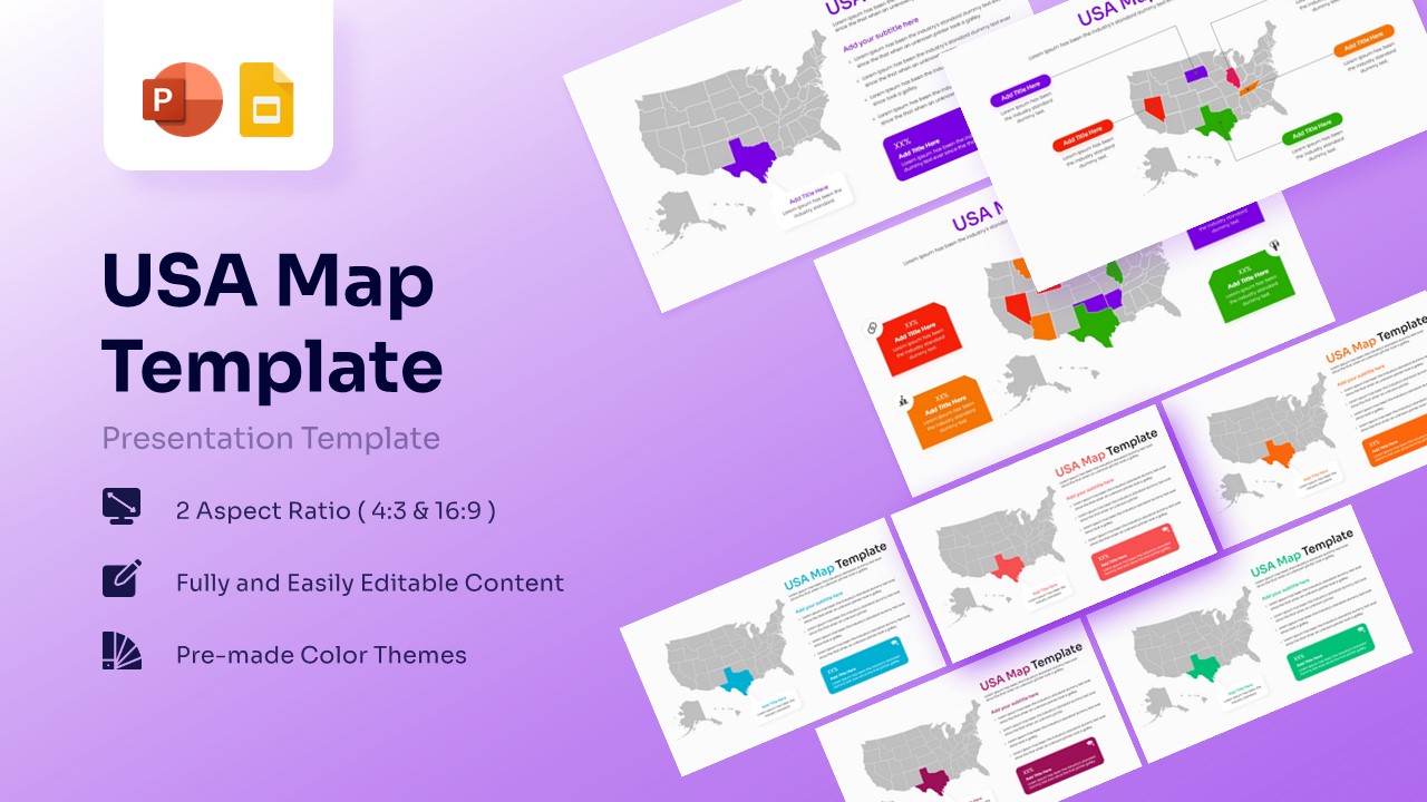 USA Map Template for PowerPoint featuring a central map with Texas highlighted in purple and descriptive text boxes