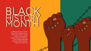 Presentation slide with red yellow green striip background featuring a raised fist and "Black History Month" bold typography